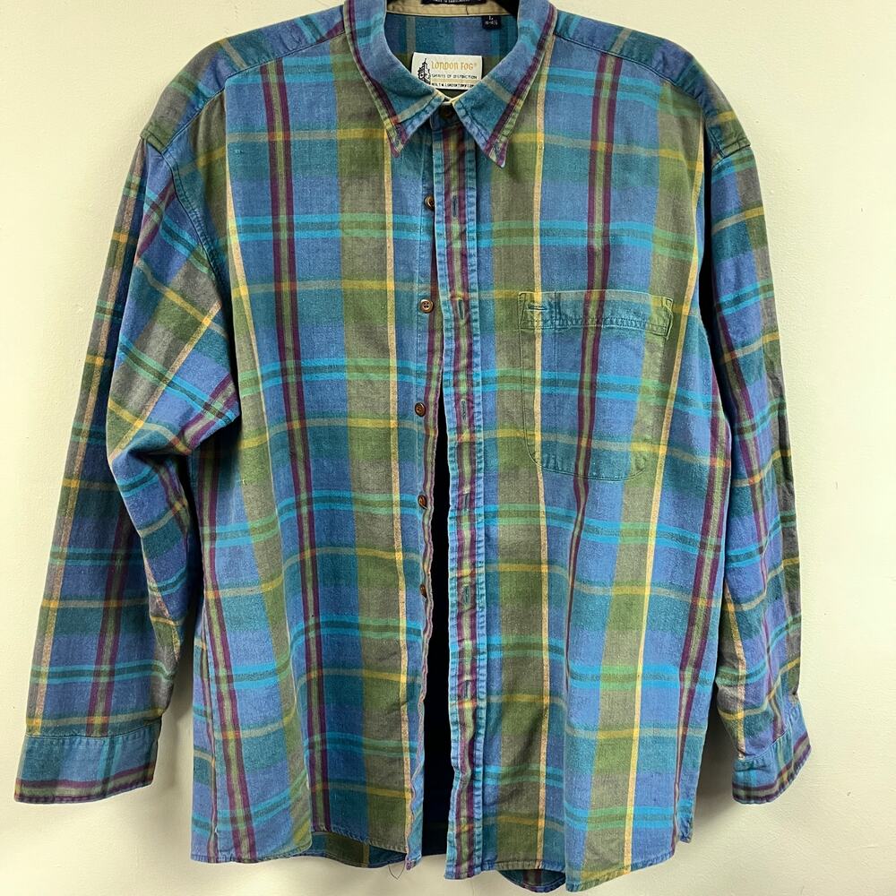 Vintage Men's London Fog blue plaid Oxford Button Down long sleeve LG Cotton